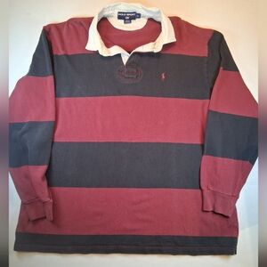 Vintage Y2K Streetwear Polo Sport Stripe Rugby Black Red Long Sleeve Collar XL